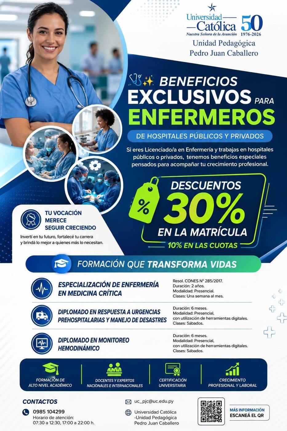 Afiche con los beneficios exclusivos para licenciados en enfermería: 30% de descuento en la matrícula y 10% en las cuotas