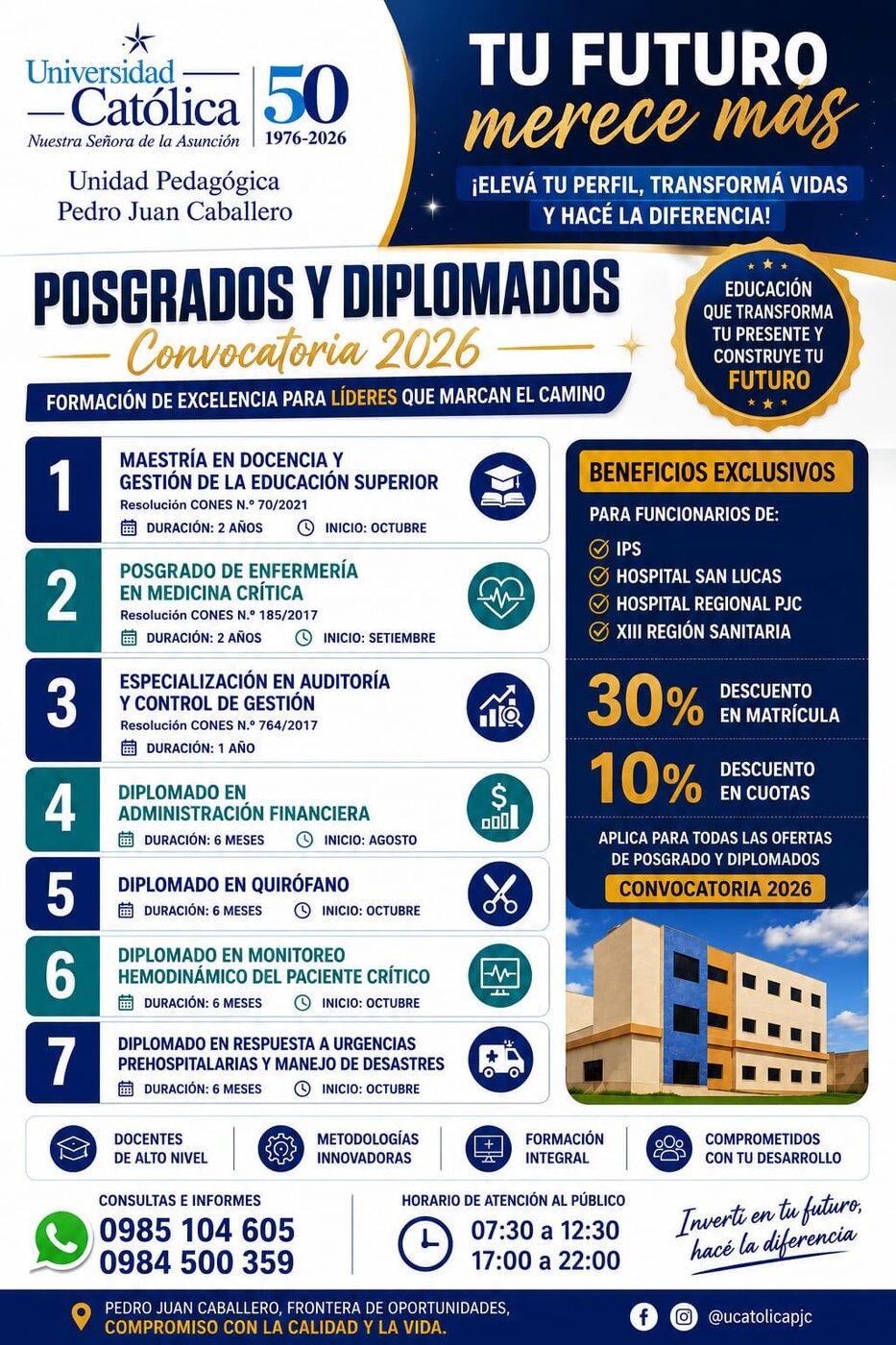 Afiche de la convocatoria 2026 de posgrados y diplomados de la Universidad Católica – Unidad Pedagógica Pedro Juan Caballero, con los beneficios para funcionarios del Hospital San Lucas