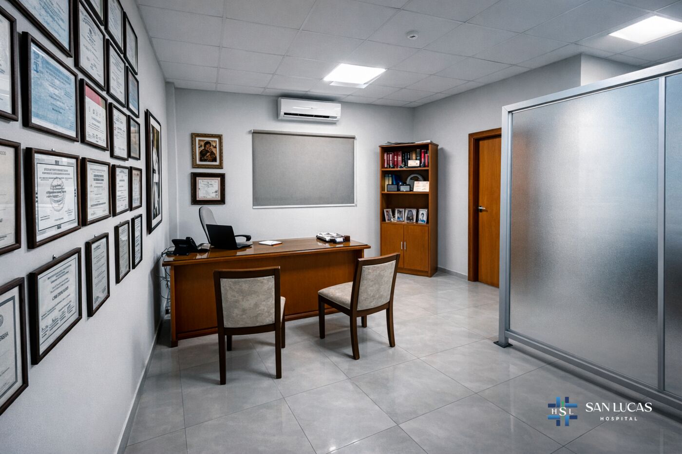 Consultorio médico con escritorio y diplomas en la pared