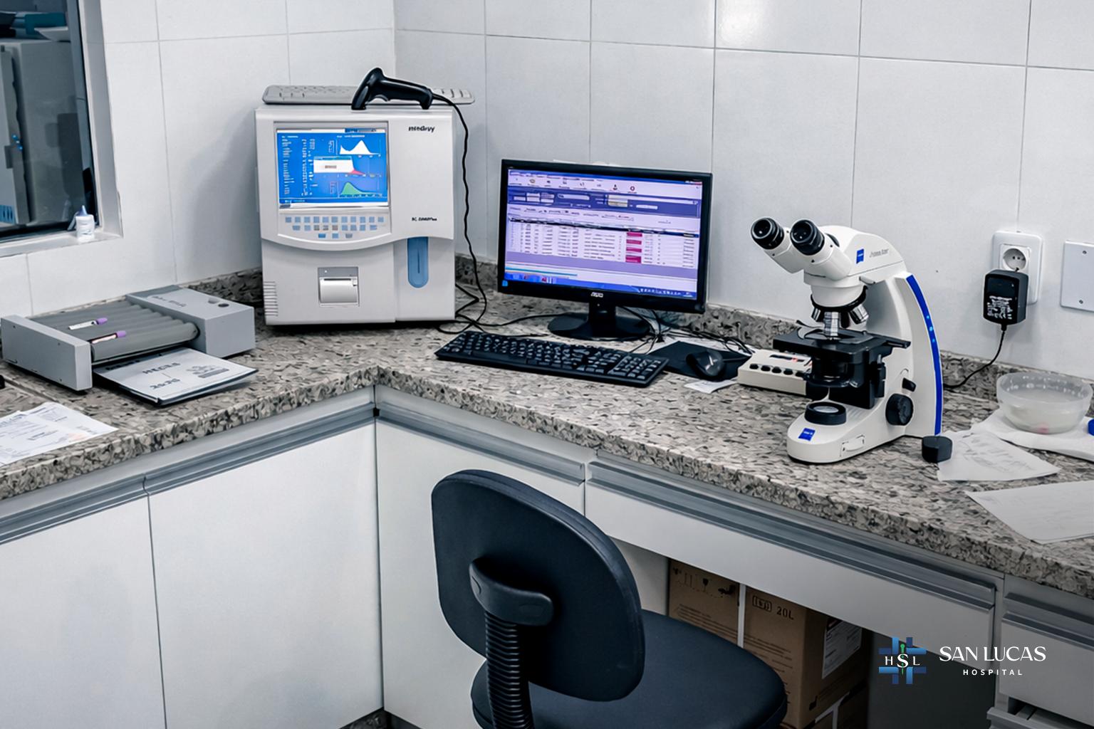 Estación de trabajo del laboratorio con analizador, monitor de carga de resultados y microscopio