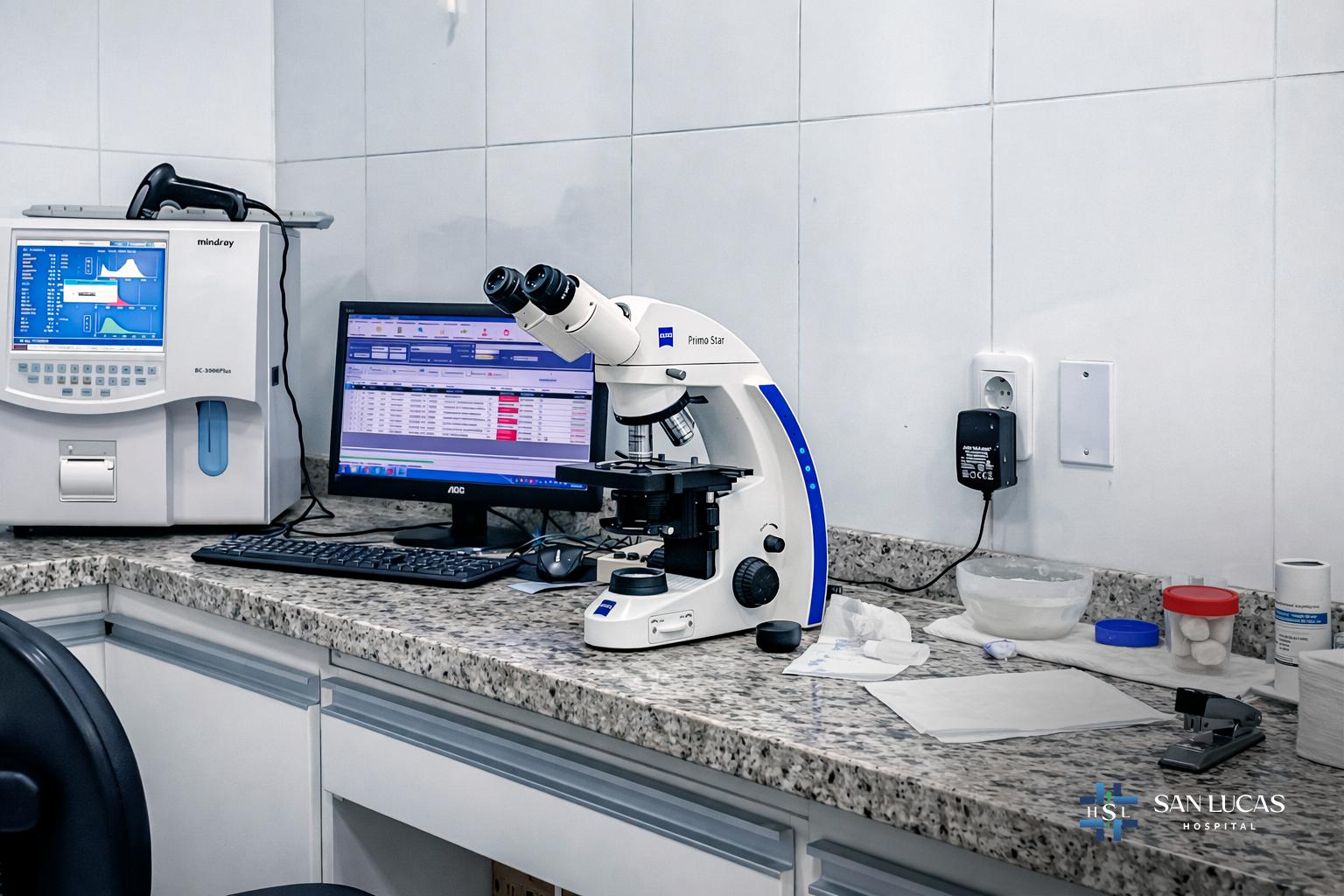 Microscopio binocular junto al analizador hematológico y la computadora de resultados