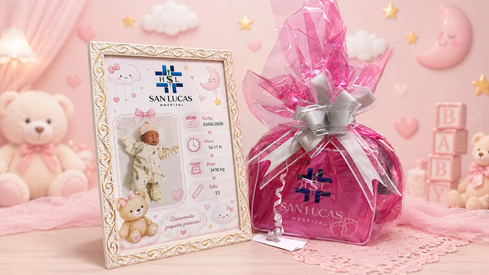 Cuadro de bienvenida de una recién nacida junto al bolso de regalo del Hospital San Lucas, con decoración en tonos rosados