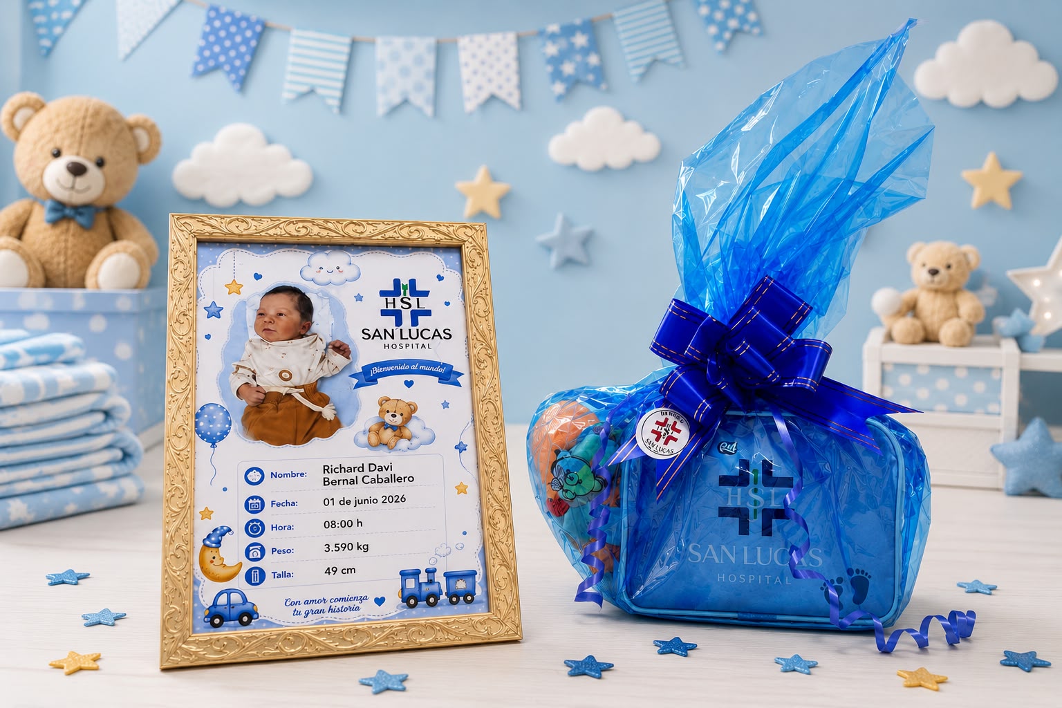 Cuadro dorado de bienvenida con la foto y los datos de nacimiento de un recién nacido, junto al bolso de regalo del Hospital San Lucas envuelto en celofán celeste, sobre una decoración con ositos, nubes y estrellas en tonos celestes