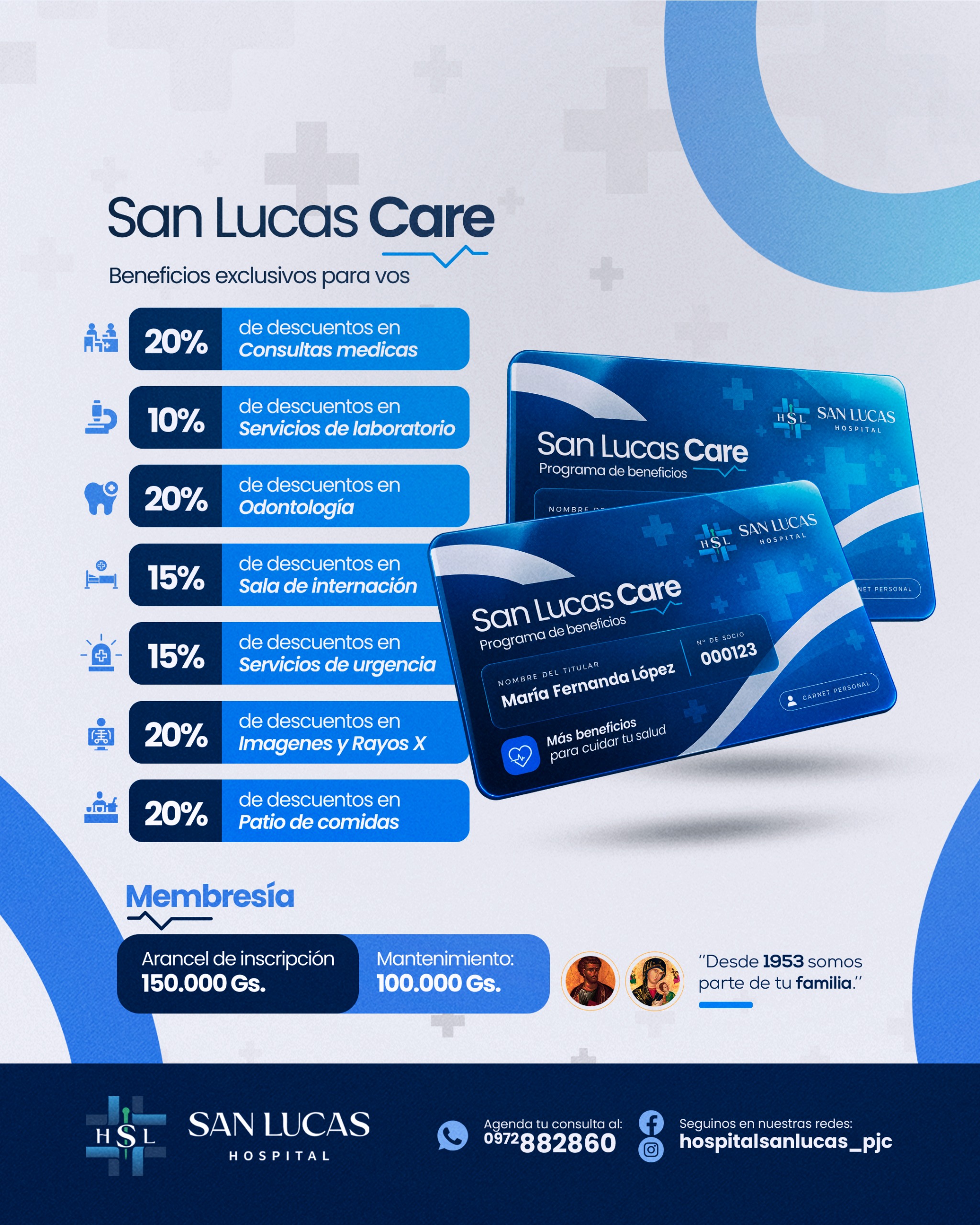 San Lucas Care: programa de beneficios con descuentos en consultas médicas, laboratorio, odontología, internación, urgencias, imágenes y patio de comidas. Inscripción 150.000 Gs., mantenimiento 100.000 Gs.
